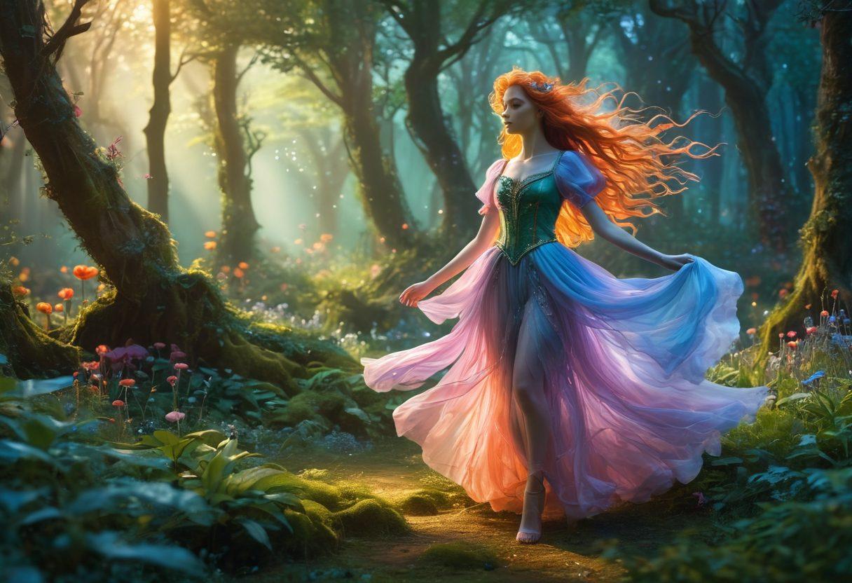 A mystical forest filled with vibrant colors, showcasing ethereal creatures and magical plants. In the foreground, a fantastical character with flowing hair and a whimsical outfit, surrounded by playful animated elements. The ambiance is enchanting and alluring, inviting viewers into a world of fantasy and seduction. Soft glowing lights and an enchanting mist enhance the dreamy atmosphere. surrealistic. vibrant colors. 3D.