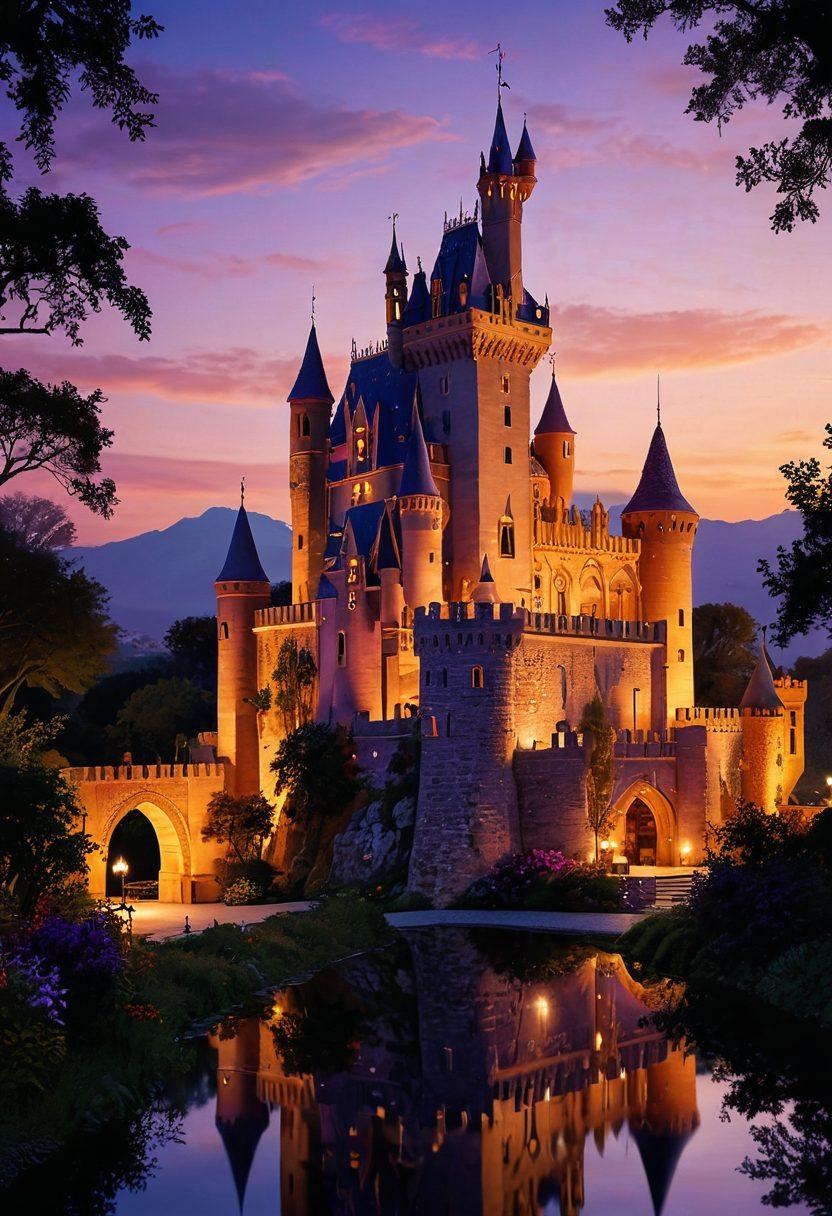 A majestic castle set against a twilight sky, with intricate Spanish architecture and romantic elements, surrounded by lush greenery. Inside the castle, silhouettes of adult animated characters exploring different rooms filled with artistic displays of passion and desire. Soft, warm lighting emanates from the castle windows, creating an inviting glow. The foreground features unique animated motifs representing desire and exploration. vibrant colors. whimsical style. fantasy art.