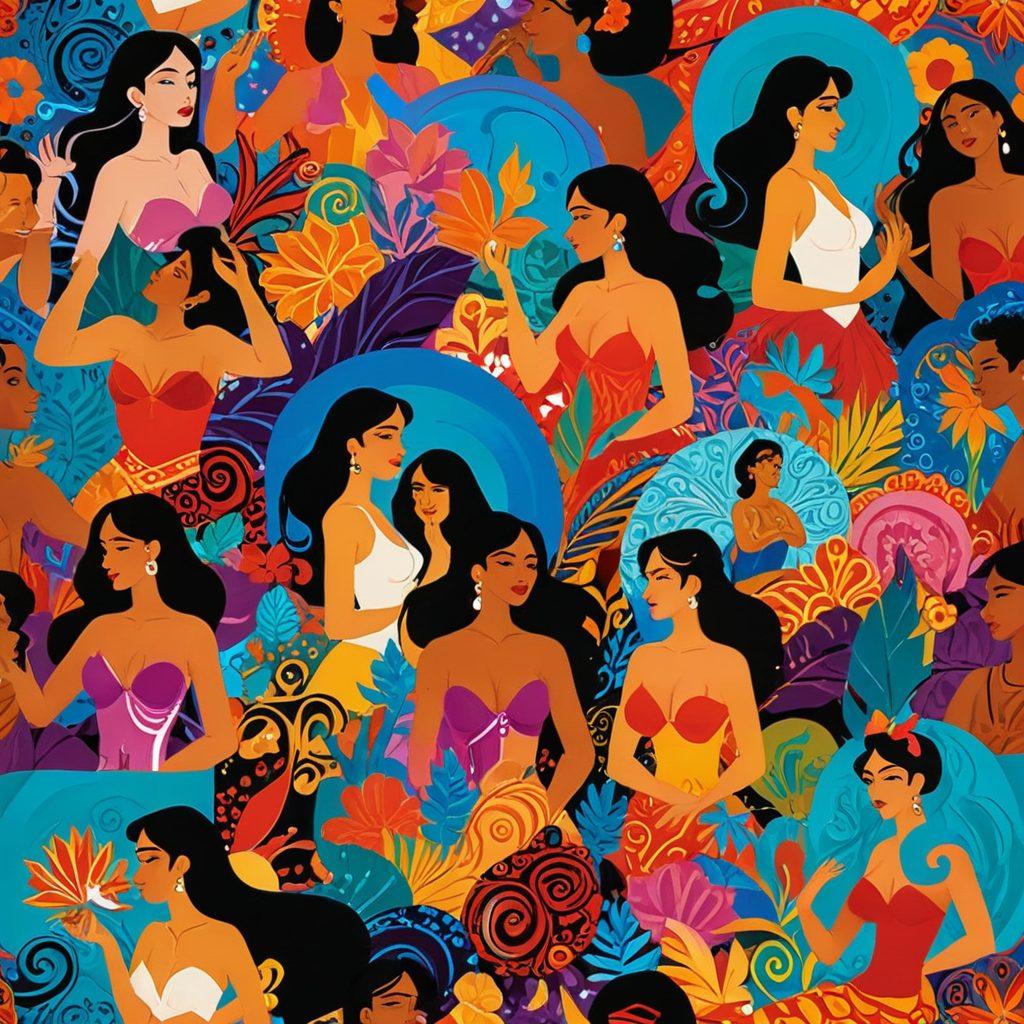 A vibrant collage showcasing scenes from animated erotica in Latino cinema, featuring colorful characters expressing passion and culture. Include elements like traditional Latino motifs, bold colors, and fluid animation styles that reflect movement and emotion. Incorporate subtle references to cultural symbols, set against a lively, abstract background that evokes a sense of adventure and intimacy. A blend of surrealism and playful dynamics. vibrant colors. surrealistic.
